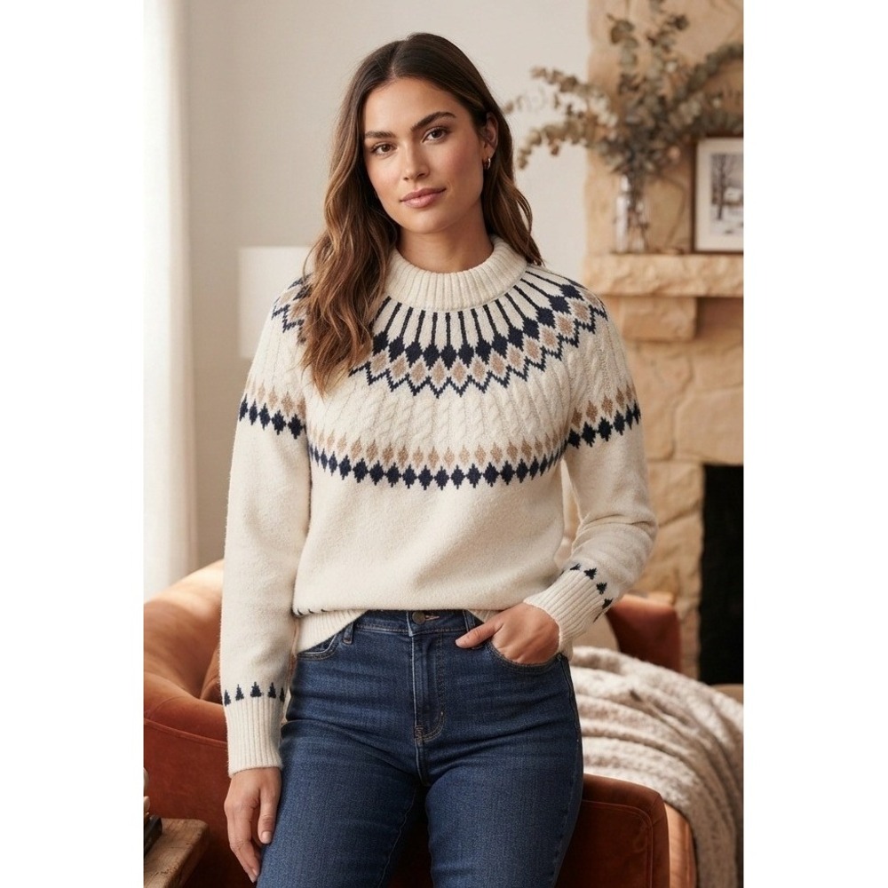 Artelier Nicole Miller Fair Isle Cable Knit Mock Neck Sweater Women's M Cream‎